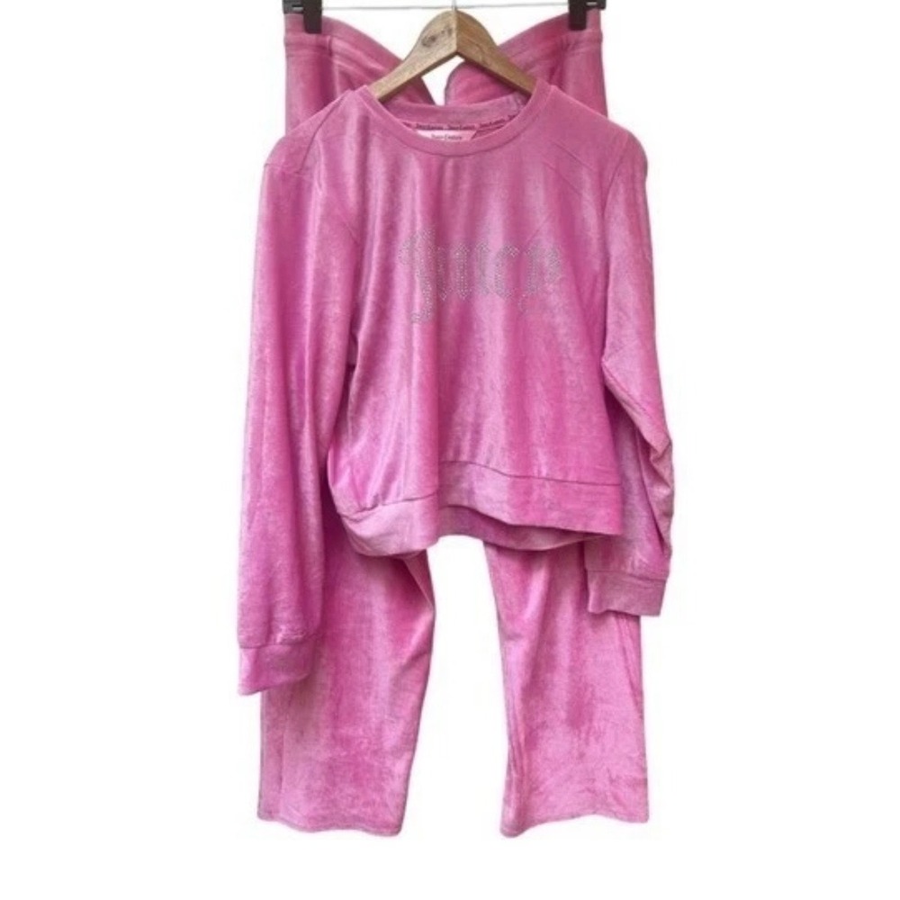 Juicy Couture Pink Velour Tracksuit Set Rhinestone‎ Logo Sweatshirt Pants Women - Picture 2 of 7